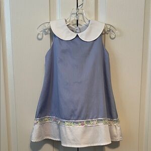 Charming Blue Kids Dress with Floral Trim and Peter Pan collar.